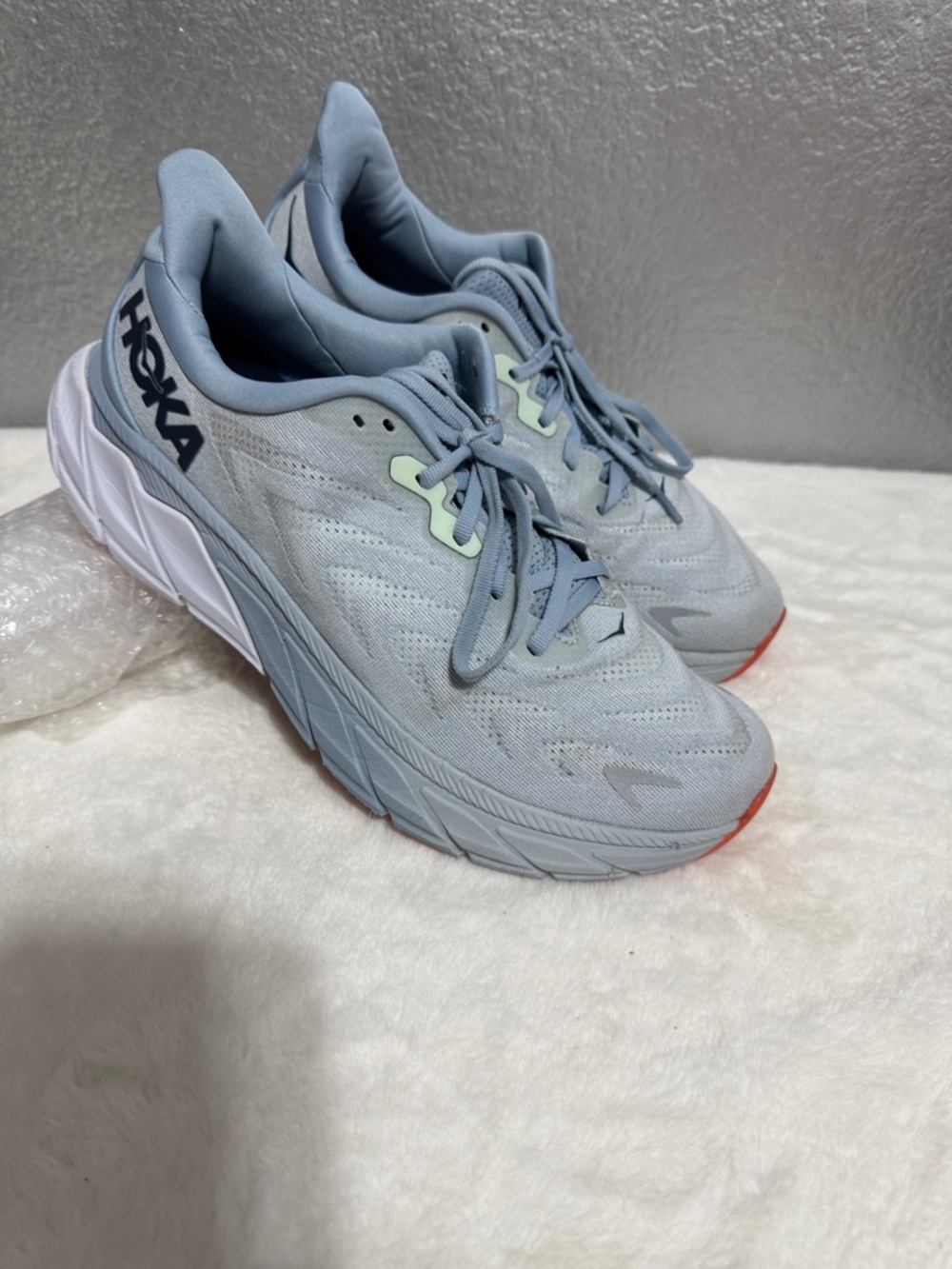 Hoka Women’s Pale Blue Athletic Running Shoes with Coral Toe Accents